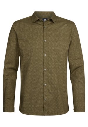 Cămașă cu mânecă lungă din țesătură verde măsliniu cu un model geometric, cu guler tip cămașă cu nasturi și nasturi frontali. Textură moale, croi ajustat.