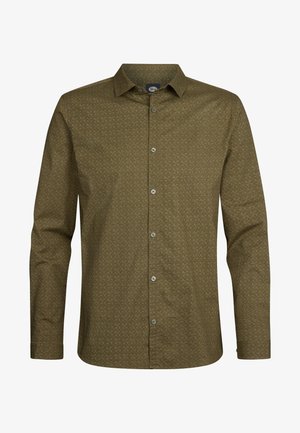 Langærmet skjorte i olivengrøn stof med geometrisk mønster, knap- ned krave og frontknapper. Blød tekstur, skræddersyet pasform.