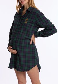 Groene en paarse geruite overhemdjurk, met lange mouwen, knoopsluiting aan de voorkant, voorzien van een geborduurd logo op de borst en een gebogen zoom.