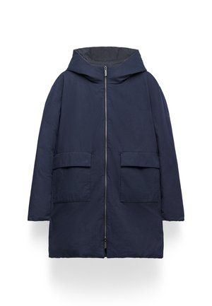 Marineblauer Kapuzenjacke aus glattem Material mit durchgehendem Reißverschluss und zwei großen Fronttaschen im lockeren, oversized Schnitt.