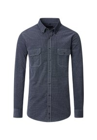 Dunkelblaues Langarmhemd mit Button-Down-Kragen, zwei Brusttaschen, Kontrastnähten und abgerundetem Saum. Stoffgemisch aus Baumwolle.