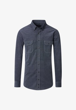 Dunkelblaues Langarmhemd mit Button-Down-Kragen, zwei Brusttaschen, Kontrastnähten und abgerundetem Saum. Stoffgemisch aus Baumwolle.