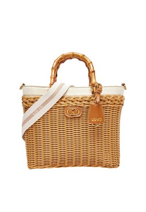Borsa intrecciata in rattan con manico in stile bambù, parte superiore in tessuto beige, tracolla a righe staccabile e targhetta in pelle marrone con la scritta "LIU JO".