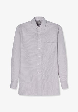 Heren overhemd met lange mouwen, knoopsluiting, klein geruit patroon, borstzak en klassieke kraag in lichtgrijze en witte tinten.