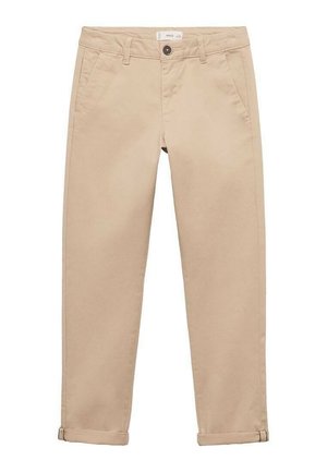 Pantalon beige à jambe droite avec ourlets retroussés, bouton à l'avant, fermeture éclair, passants de ceinture et poches latérales, posé à plat sur un fond blanc.