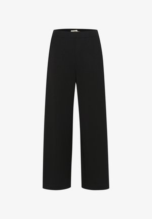 Schwarze weit geschnittene Hose mit einem elastischen Bund, aus weichem Stoff und ohne sichtbare Taschen oder dekorative Elemente.