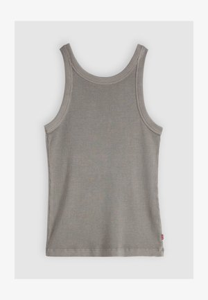 Pelēka ribota bezdarbības blūze ar apaļu dekoltē, biezām siksnām un šūtu apmalīti. Satur mazu uzlīmi apakšējā pusē.