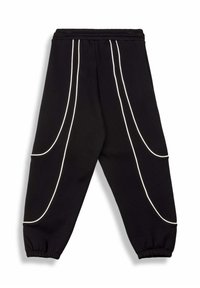 Zwarte joggingbroek met witte piping details, voorzien van een relaxed fit, elastische tailleband en gathered cuffs. Zachte textuur en gebogen ontwerp accenten.