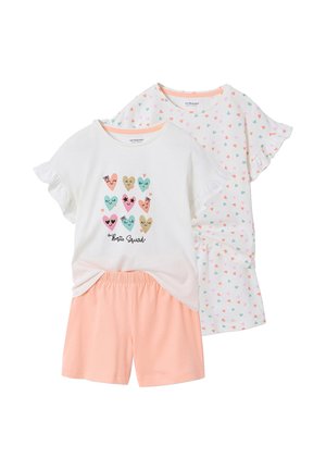 Two girls' pajamas: white tee with colorful smiling hearts and "the Bestie Squad" text paired with peach shorts, and white nightdress with multicolored hearts.