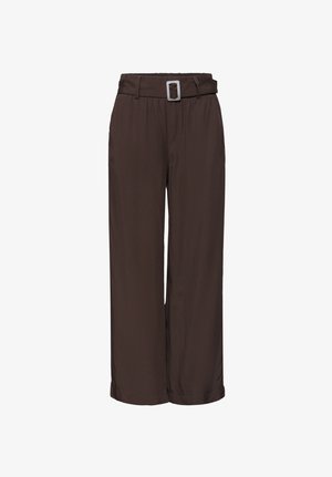 Pantalones marrón oscuro de pierna ancha con cinturilla elástica, presillas para cinturón y cinturón con hebilla rectangular plateada.