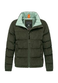 Veste matelassée en velours côtelé vert foncé avec un col intérieur vert menthe, fermeture éclair à l'avant et deux poches latérales. Tissu texturé avec des détails cousus.