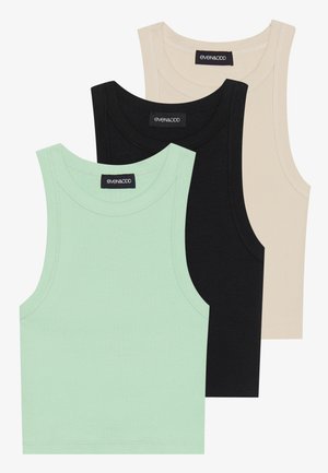Three tank tops in mint green, black, and beige; made of ribbed fabric with a round neckline and no sleeves. Brand label visible.