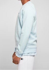 Sudadera azul claro fabricada en tejido suave, con puños y dobladillo acanalados, un pequeño logo en el pecho y un detalle en la manga.