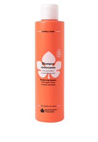 Shampoo rinforzante in una bottiglia arancione cilindrica con tappo bianco. Presenta un logo a foglia e un testo che dettaglia gli ingredienti biologici.
