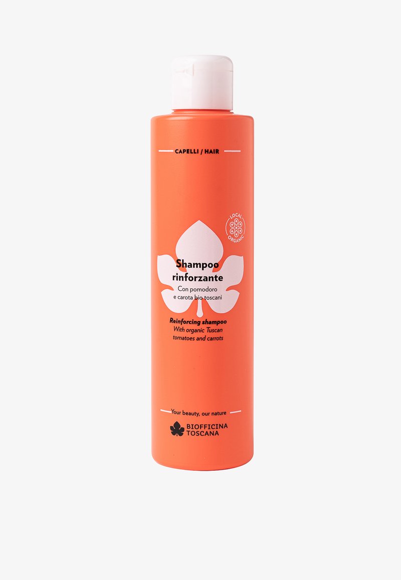 Shampoo rinforzante in una bottiglia arancione cilindrica con tappo bianco. Presenta un logo a foglia e un testo che dettaglia gli ingredienti biologici.