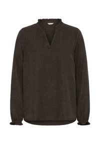 Dunkelbraune Bluse mit langen Ärmeln, Rüsche am Halsausschnitt und elastischen Bündchen. Verfügt über einen lässigen Schnitt und einen strukturierten Stoff für zusätzliche Tiefe.