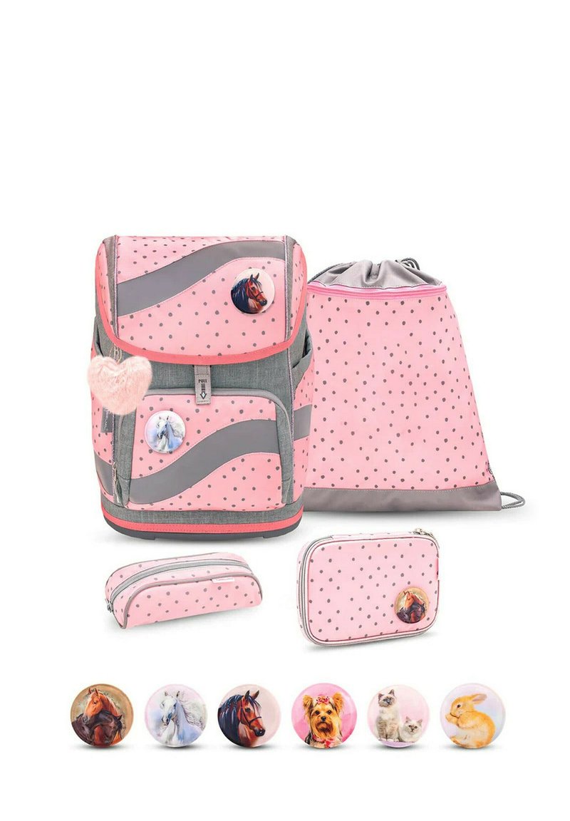 Rosa- und Graues Rucksack-Set mit Punkten, geschwungenem Design, herzförmigem Akzent und illustrierten Knopfdetails, darunter Tiere.