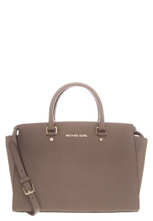 Structured Michael Kors handbag in taupe leather, featuring gold-tone hardware, dual top handles, and a detachable shoulder strap.