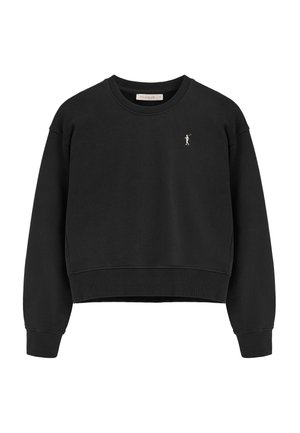 Sweatshirt noir court avec col rond, poignets et ourlet côtelés ; présente un petit logo doré brodé à l'avant. Matière douce.