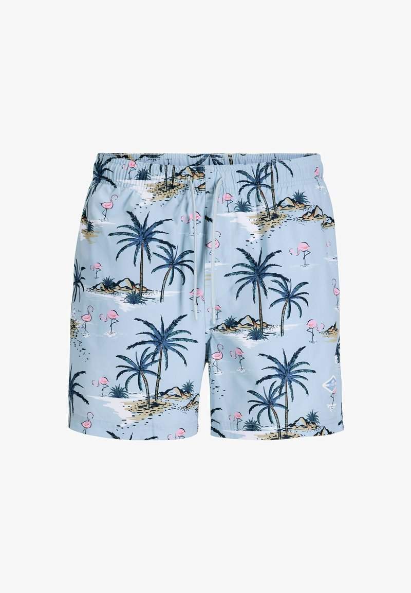 Ανοιχτό μπλε σορτς με ροζ φλαμίνγκο, σκούρα μπλε φοίνικες, μοτίβα από αμμώδη παραλία και νερό, με ελαστική μέση και κορδόνι.