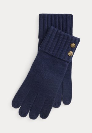 Gants tricotés bleu marine avec poignets côtelés repliés, ornés de deux petits boutons ronds dorés sur un poignet.