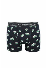 Czarne bokserki z zabawnym wzorem zielonych kufli piwa z białą pianą, wykonane z miękkiego materiału z elastycznym ściągaczem z logo.