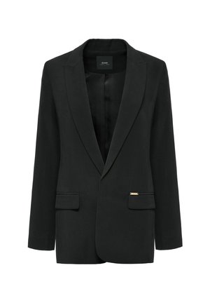 Czarna, dopasowana marynarka z klapami z wycięciem, dwoma kapturami z przodu oraz małą złotą metką marki na prawym kapturze.