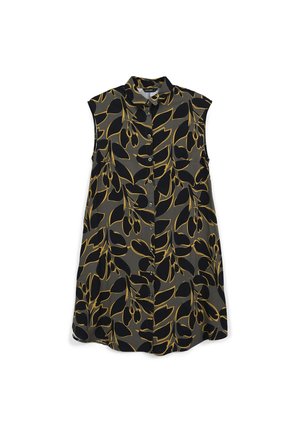 Robe sans manches en tissu gris foncé avec un motif floral noir et doré. Boutons sur le devant et coupe décontractée.