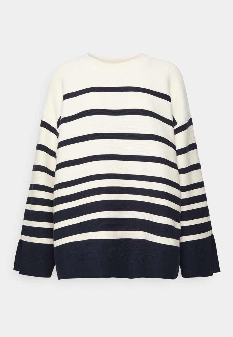 Pull à manches longues rayé blanc et bleu marine avec col rond et poignets bord-côte, présentant des rayures horizontales de différentes épaisseurs.