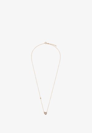 Złota łańcuszkowa naszyjnik z małym wisiorkiem w kształcie serca, posiadający teksturowaną powierzchnię i przezroczyste kamienie dekoracyjne. Regulowana długość z zapięciem.