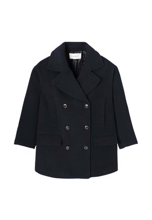 Manteau en laine bleu navy à double boutonnage avec larges revers, boutons en argent et deux poches avant. Caractéristiques d'une doublure intérieure lisse et de manches décontractées.