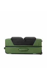 Valigia a mano verde e nera con ruote, sdraiata, con due compartimenti superiori neri con zip e una maniglia laterale visibile.