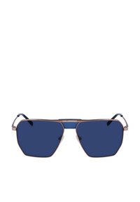 Occhiali da sole esagonali con lenti blu scuro e montatura in metallo color rosa dorato. Presentano un ponte blu e dettagli argentati sulle astine.
