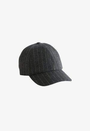 Gray wool cap with a structured design, featuring vertical white pinstripes and a curved brim. The fabric has a textured appearance.