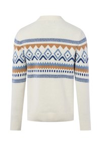 Helle Cremefarbene Strickjacke mit geometrischem Muster in Blau und Braun. Verfügt über gerippte Bündchen und Saum, lange Ärmel und einen runden Halsausschnitt.