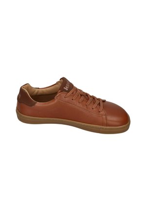 Brown low-top leather sneaker with matching laces and light brown sole, showing left side and interior padding.