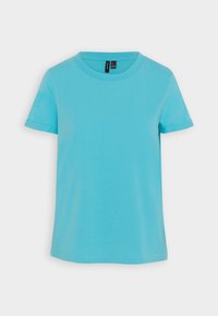 T-shirt a maniche corte di un brillante turchese con scollatura rotonda, realizzato in un tessuto misto cotone liscio. Presenta risvolti sulle maniche.