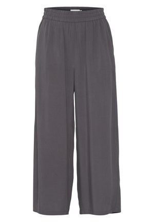 Sive široke hlače iz lahkega materiala, z elastiko v pasu in gladko teksturo. Brez vidnih vzorcev ali dodatkov.