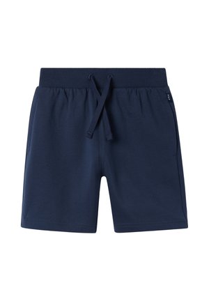 Marineblå afslappede shorts med elastisk talje og snøre, sidelommer og lille sort mærke på højre side.