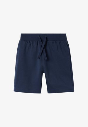 Navyblauwe casual shorts met elastische tailleband en trekkoord, zijzakken en een klein zwart label aan de rechterkant.