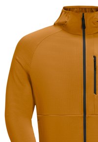 Orange athletic jacket with a high collar, textured surface, black zipper and accents, featuring a chest pocket on the left side.