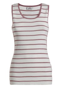 Ribbet tanktop i hvid med bordeaux horisontale striber. Har en rund halsudskæring og er uden ærmer. Blødt, strækbart stof.
