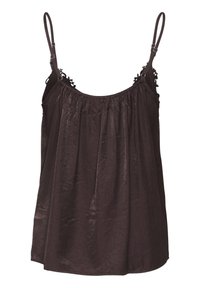 Haut sans manches marron foncé avec des fines bretelles, en tissu texturé froncé, et des accents de dentelle décoratifs le long de l'encolure.