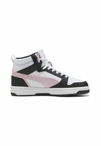 High-top sneaker featuring a mix of white, black, and pink leather. Perforated toe, white laces, and a reinforced heel tab. Flat rubber sole.