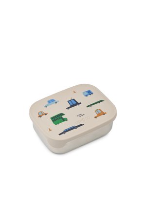 Beżowy, prostokątny pojemnik na lunch z kolorowymi pojazdami w kreskówkowym stylu, w tym samochodami, ciężarówkami, autobusem i wózkiem widłowym nadrukowanymi na pokrywce.
