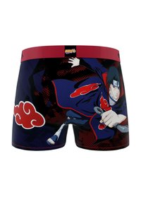Boxers pour hommes en noir, avec une taille rouge et un design graphique vif d'un personnage, agrémenté d'accents bleus et de motifs nuage.