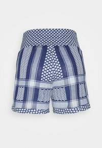 Šortky s vysokým pasem s modro-bílými geometrickými a kostičkovanými vzory, vybavené širokým elastickým pasem a volným střihem.