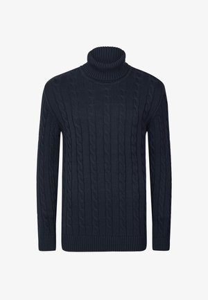 Maglione a collo alto navy con motivo a treccia, maniche lunghe e bordi a costine su collo, polsini e orlo.