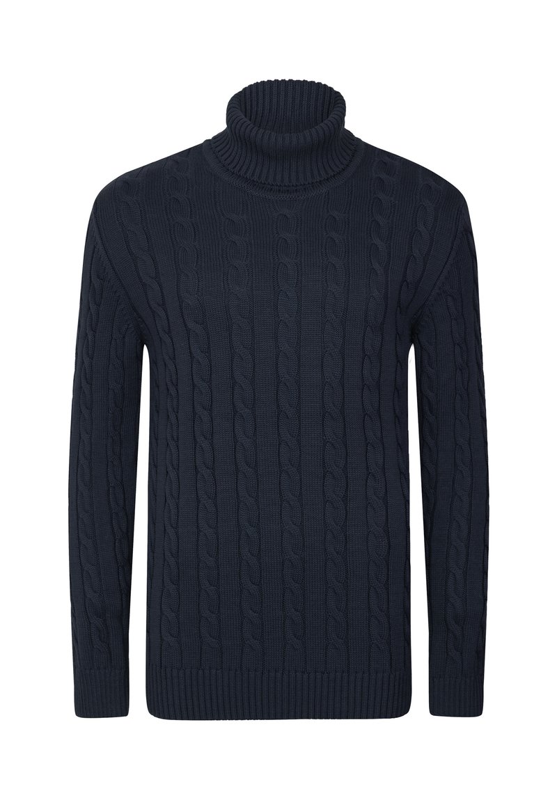 Marinefarbener Rollkragenpullover mit einem Zopfmuster, langen Ärmeln und gerippten Abschlüssen am Kragen, den Bündchen und dem Saum.