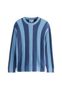Gestrickter Pullover mit wechselnden Texturen in hellblau und dunkelblau, rundem Ausschnitt und gerippten Bündchen und Saum.